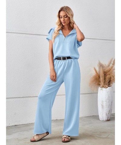 Women 2 Piece Outfits Sweatsuit Set Half Zip Lapel Collar Short Sleeve Sweatshirt Wide Leg Sweatpant Tracksuit Sets Blue $27....