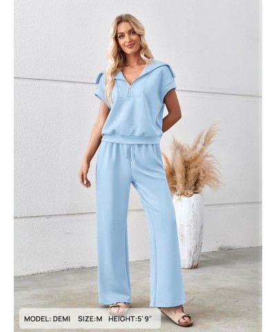 Women 2 Piece Outfits Sweatsuit Set Half Zip Lapel Collar Short Sleeve Sweatshirt Wide Leg Sweatpant Tracksuit Sets Blue $27....