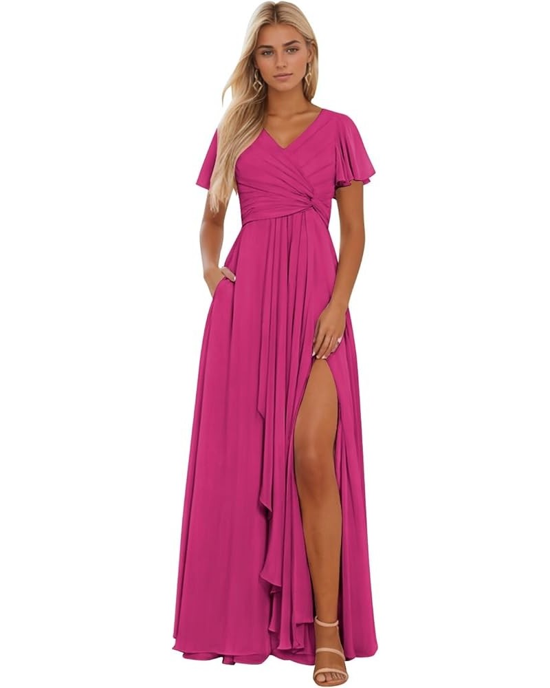 Women’s Ruffle Sleeve Bridesmaid Dresses with Pockets Long Pleats Formal Dress with Slit YG232 Hot Pink $36.71 Dresses