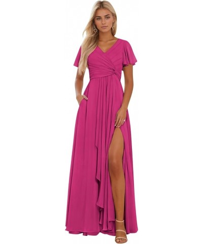 Women’s Ruffle Sleeve Bridesmaid Dresses with Pockets Long Pleats Formal Dress with Slit YG232 Hot Pink $36.71 Dresses