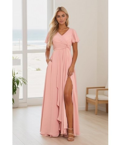 Women’s Ruffle Sleeve Bridesmaid Dresses with Pockets Long Pleats Formal Dress with Slit YG232 Hot Pink $36.71 Dresses