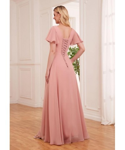 Women’s Ruffle Sleeve Bridesmaid Dresses with Pockets Long Pleats Formal Dress with Slit YG232 Hot Pink $36.71 Dresses