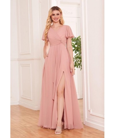 Women’s Ruffle Sleeve Bridesmaid Dresses with Pockets Long Pleats Formal Dress with Slit YG232 Hot Pink $36.71 Dresses