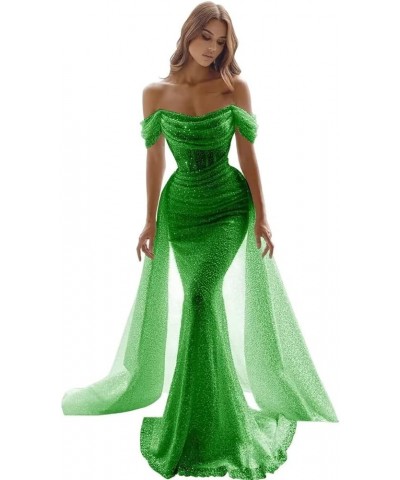 Sparkly Mermaid Prom Dresses for Women Sequin Off The Shoulder Detachable Train Evening Dresses Long Ball Gown Green $35.70 D...