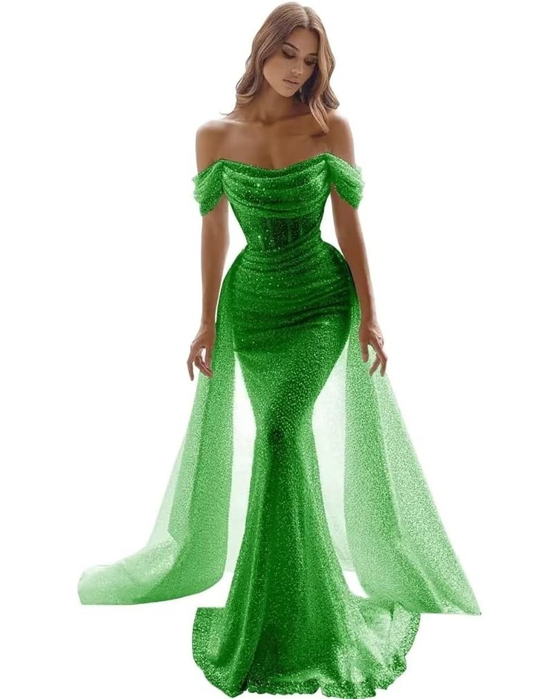 Sparkly Mermaid Prom Dresses for Women Sequin Off The Shoulder Detachable Train Evening Dresses Long Ball Gown Green $35.70 D...