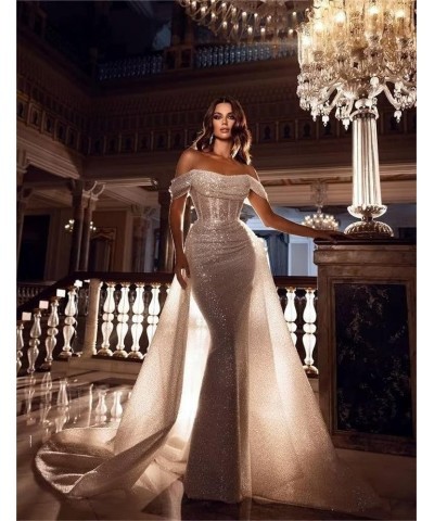 Sparkly Mermaid Prom Dresses for Women Sequin Off The Shoulder Detachable Train Evening Dresses Long Ball Gown Green $35.70 D...