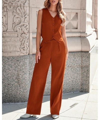 Vest and Pants Set Women 2 Piece Outfits Sleeveless V Neck Linen Copped Blazer Vest and Wide Leg Pants Suit Brunch Summer Out...