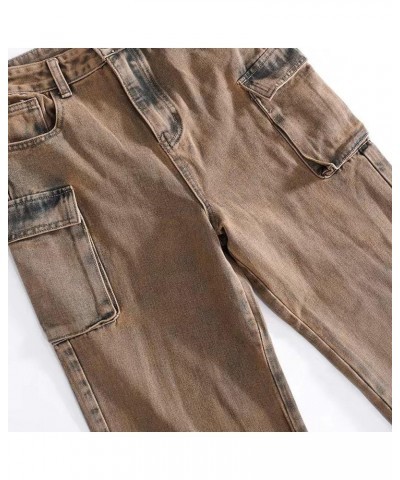 Tie Dye Denim High Waisted Straight Tube Patchwork Multi Pocket Trend Street Cargo Pants Plus Size Women Clothes Brown $18.88...