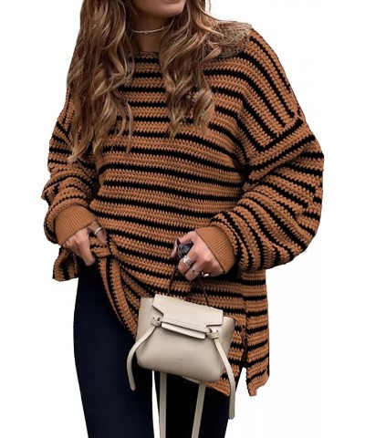 Women's 2024 Fall Winter Oversized Long Sleeve Striped Sweater Casual Crewneck Side Split Pullover Knit Tops Brown $22.27 Swe...