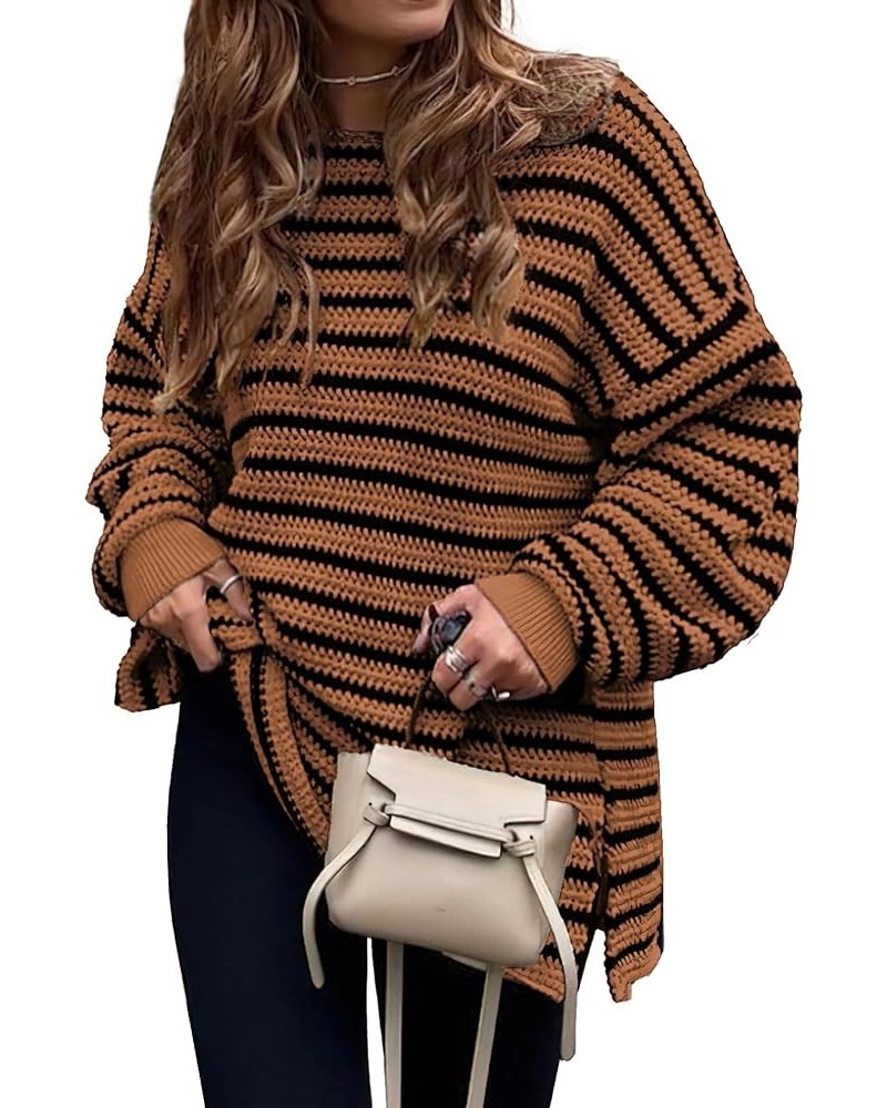 Women's 2024 Fall Winter Oversized Long Sleeve Striped Sweater Casual Crewneck Side Split Pullover Knit Tops Brown $22.27 Swe...