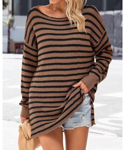 Women's 2024 Fall Winter Oversized Long Sleeve Striped Sweater Casual Crewneck Side Split Pullover Knit Tops Brown $22.27 Swe...