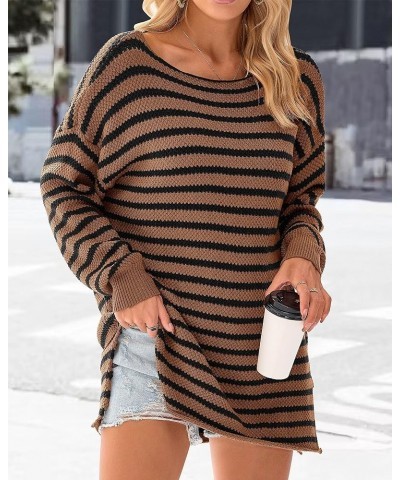 Women's 2024 Fall Winter Oversized Long Sleeve Striped Sweater Casual Crewneck Side Split Pullover Knit Tops Brown $22.27 Swe...