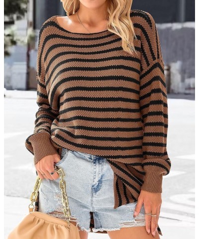 Women's 2024 Fall Winter Oversized Long Sleeve Striped Sweater Casual Crewneck Side Split Pullover Knit Tops Brown $22.27 Swe...