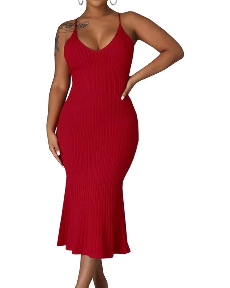 Sexy Sweater Dress for Women Casual Long Sleeve Ribbed Knit Stretchy Pullover Dresses Split Red/Straps $20.25 Sweaters