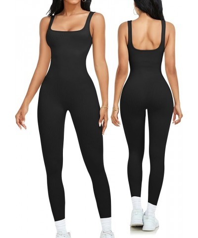 Women's Jumpsuits Seamless Ribbed Square Neck One Piece Yoga Workout Sleeveless Rompers Sexy Tank Top Shorts Leggings-black $...