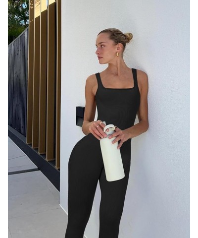 Women's Jumpsuits Seamless Ribbed Square Neck One Piece Yoga Workout Sleeveless Rompers Sexy Tank Top Shorts Leggings-black $...