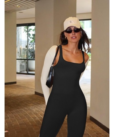 Women's Jumpsuits Seamless Ribbed Square Neck One Piece Yoga Workout Sleeveless Rompers Sexy Tank Top Shorts Leggings-black $...