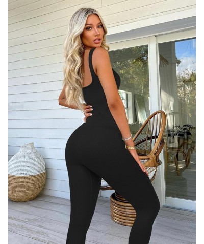 Women's Jumpsuits Seamless Ribbed Square Neck One Piece Yoga Workout Sleeveless Rompers Sexy Tank Top Shorts Leggings-black $...