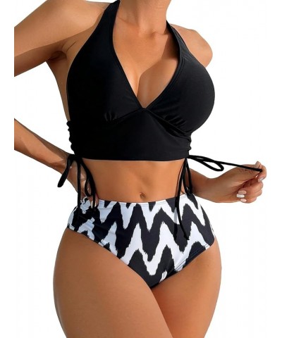 Women's Floral Print 2 Piece Swimsuit Tie Side Halter High Waisted Bikini Bathing Suit Black and White $17.50 Swimsuits