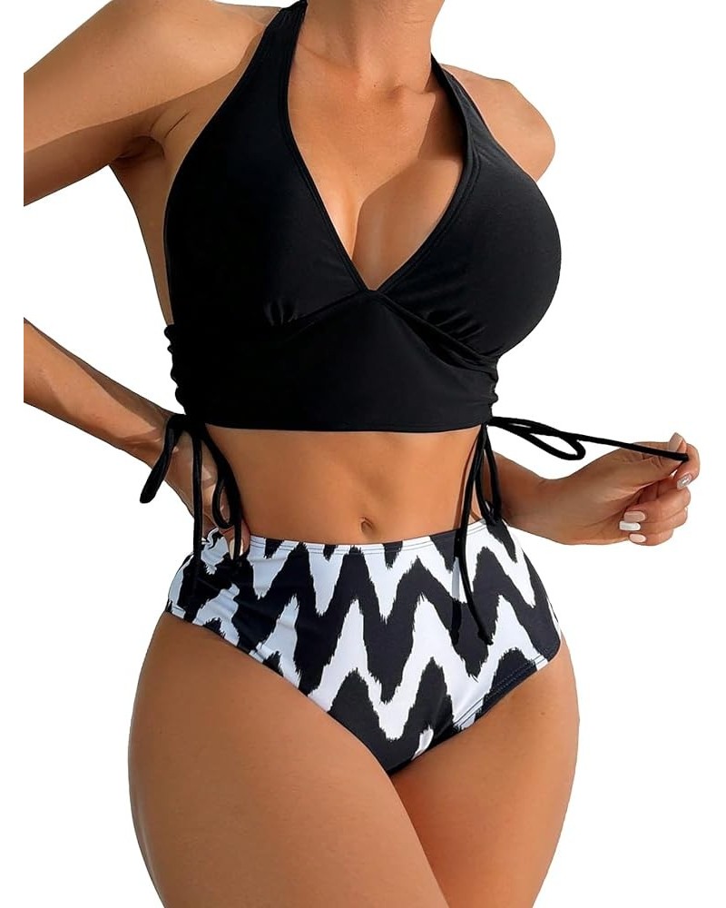 Women's Floral Print 2 Piece Swimsuit Tie Side Halter High Waisted Bikini Bathing Suit Black and White $17.50 Swimsuits