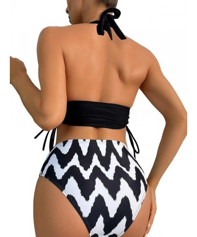 Women's Floral Print 2 Piece Swimsuit Tie Side Halter High Waisted Bikini Bathing Suit Black and White $17.50 Swimsuits