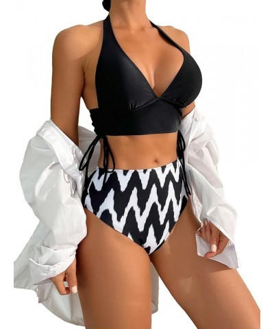 Women's Floral Print 2 Piece Swimsuit Tie Side Halter High Waisted Bikini Bathing Suit Black and White $17.50 Swimsuits