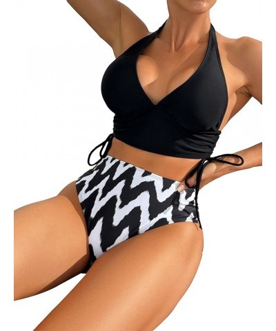 Women's Floral Print 2 Piece Swimsuit Tie Side Halter High Waisted Bikini Bathing Suit Black and White $17.50 Swimsuits