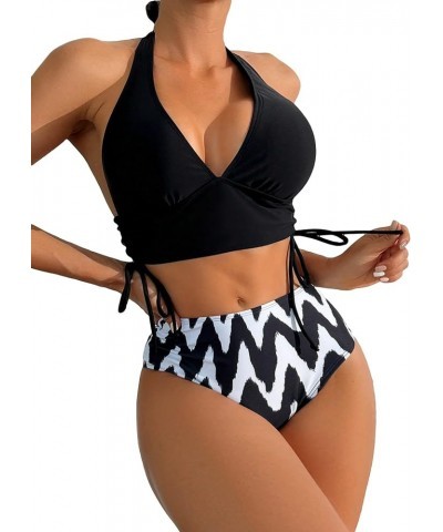 Women's Floral Print 2 Piece Swimsuit Tie Side Halter High Waisted Bikini Bathing Suit Black and White $17.50 Swimsuits