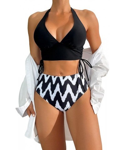 Women's Floral Print 2 Piece Swimsuit Tie Side Halter High Waisted Bikini Bathing Suit Black and White $17.50 Swimsuits