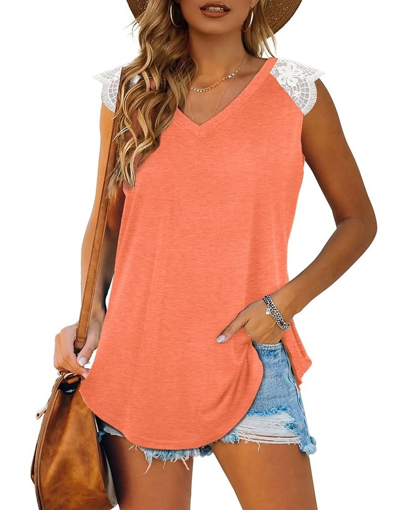 Womens Tank Tops Loose Fit with Lace V Neck Sleeveless Casual 09-orange $7.79 Tanks