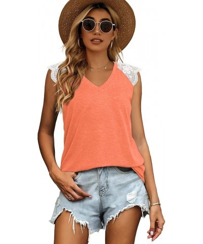 Womens Tank Tops Loose Fit with Lace V Neck Sleeveless Casual 09-orange $7.79 Tanks