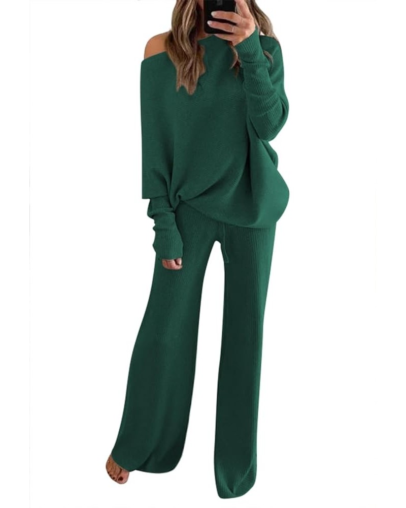 Women Knitted Outfits High Neck Sweater Wide Leg Pant Set 2 Pieces Sweatsuit Z-dark Green $25.30 Activewear