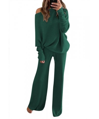 Women Knitted Outfits High Neck Sweater Wide Leg Pant Set 2 Pieces Sweatsuit Z-dark Green $25.30 Activewear