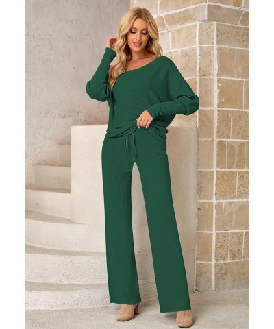 Women Knitted Outfits High Neck Sweater Wide Leg Pant Set 2 Pieces Sweatsuit Z-dark Green $25.30 Activewear