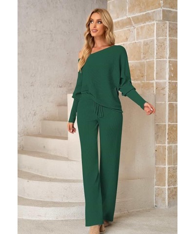 Women Knitted Outfits High Neck Sweater Wide Leg Pant Set 2 Pieces Sweatsuit Z-dark Green $25.30 Activewear