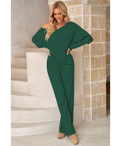 Women Knitted Outfits High Neck Sweater Wide Leg Pant Set 2 Pieces Sweatsuit Z-dark Green $25.30 Activewear