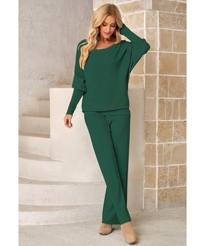 Women Knitted Outfits High Neck Sweater Wide Leg Pant Set 2 Pieces Sweatsuit Z-dark Green $25.30 Activewear