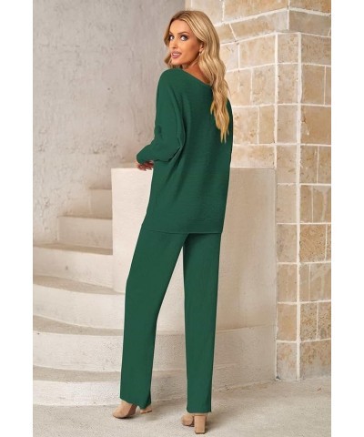 Women Knitted Outfits High Neck Sweater Wide Leg Pant Set 2 Pieces Sweatsuit Z-dark Green $25.30 Activewear