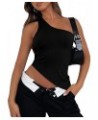 Women's One Shoulder Asymmetrical Hem Sleeveless Fitted Crop Top Blouse Shirt Black $14.99 Blouses