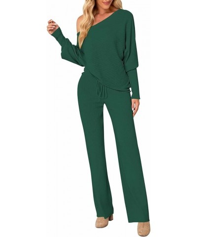 Women Knitted Outfits High Neck Sweater Wide Leg Pant Set 2 Pieces Sweatsuit Z-dark Green $25.30 Activewear