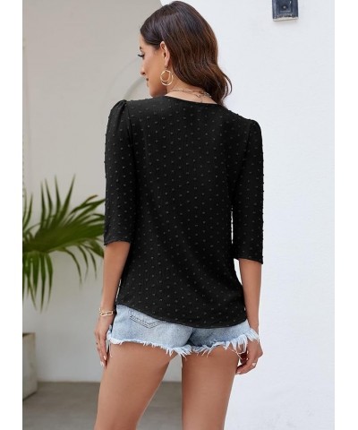 Women's V Neck 3/4 Sleeve Tunic Tops Chiffon Blouses Dressy Casual Lace Pom Poms T Shirts Black $13.99 Tops