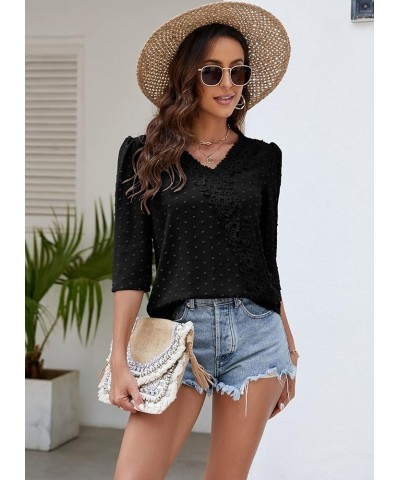 Women's V Neck 3/4 Sleeve Tunic Tops Chiffon Blouses Dressy Casual Lace Pom Poms T Shirts Black $13.99 Tops