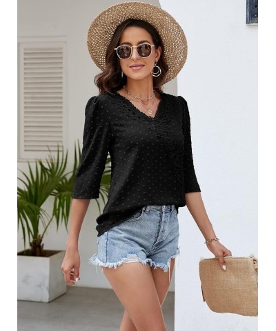 Women's V Neck 3/4 Sleeve Tunic Tops Chiffon Blouses Dressy Casual Lace Pom Poms T Shirts Black $13.99 Tops