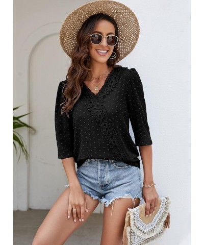 Women's V Neck 3/4 Sleeve Tunic Tops Chiffon Blouses Dressy Casual Lace Pom Poms T Shirts Black $13.99 Tops