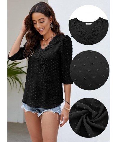 Women's V Neck 3/4 Sleeve Tunic Tops Chiffon Blouses Dressy Casual Lace Pom Poms T Shirts Black $13.99 Tops