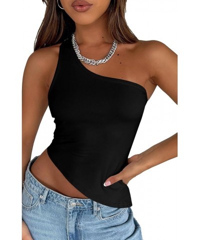 Women's One Shoulder Asymmetrical Hem Sleeveless Fitted Crop Top Blouse Shirt Black $14.99 Blouses