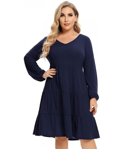 Women's Plus Size Casual Tunic Mini Dress Lantern Sleeve Ruffle Hem V Neck Loose Swing Fall Dresses Plus Size Navy Blue $13.9...