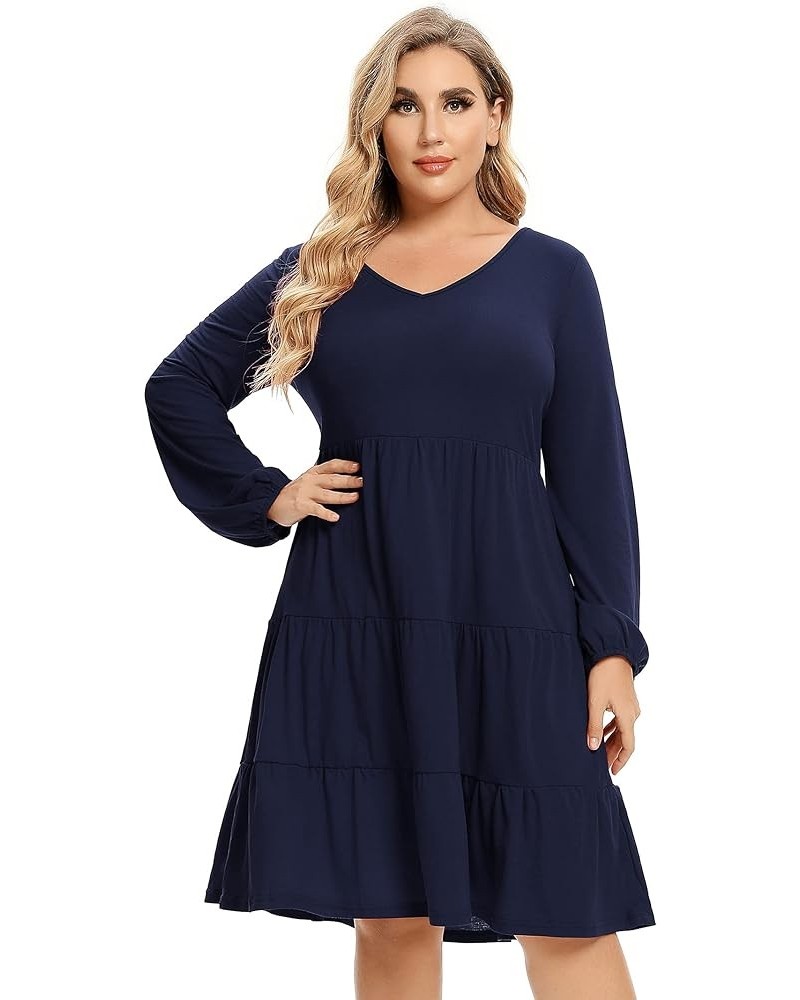 Women's Plus Size Casual Tunic Mini Dress Lantern Sleeve Ruffle Hem V Neck Loose Swing Fall Dresses Plus Size Navy Blue $13.9...