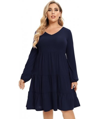 Women's Plus Size Casual Tunic Mini Dress Lantern Sleeve Ruffle Hem V Neck Loose Swing Fall Dresses Plus Size Navy Blue $13.9...