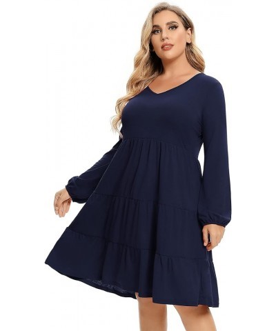 Women's Plus Size Casual Tunic Mini Dress Lantern Sleeve Ruffle Hem V Neck Loose Swing Fall Dresses Plus Size Navy Blue $13.9...